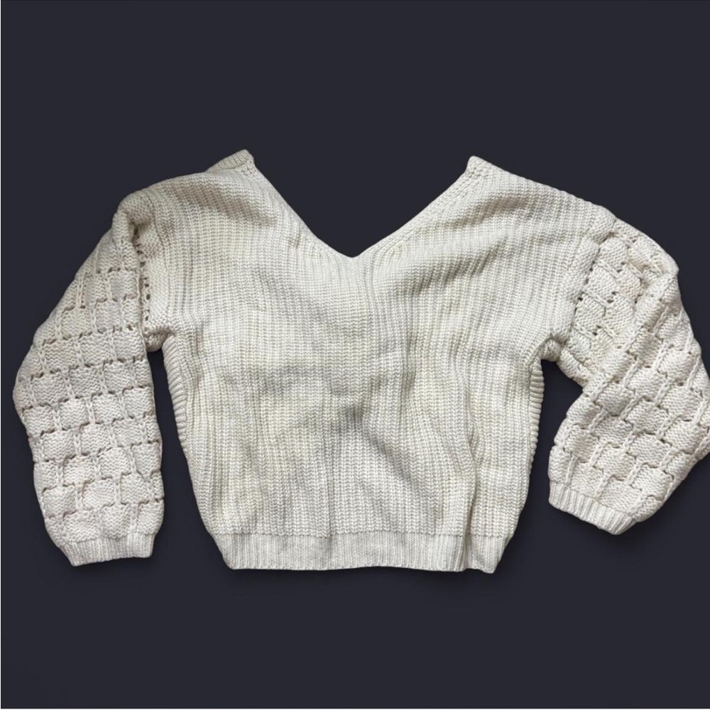 Elegant Cream V-Neck Off the Shoulder Cable Knit Sweater